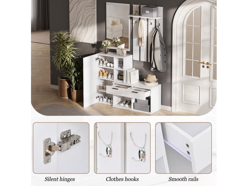  Meuble d'entrée avec miroir, 1 porte, 2 tiroirs, 10 niches et 4 crochets pour hall, blanc, 120 × 35 × 175,5 cm  - Conforama E