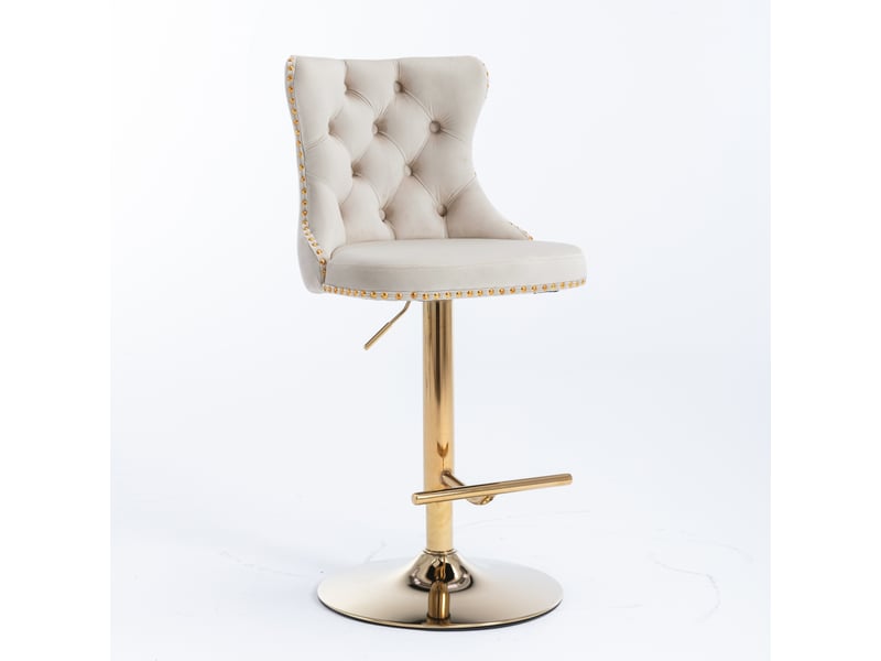  Tabouret de bar pivotant en velours beige, hauteur réglable, dossier capitonné, base dorée, lot de 2  - Conforama D