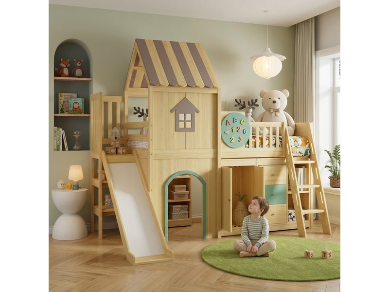 Lit superposé cabane avec toboggan 90x200 cm bois massif, barrière de sécurité, escalier, placard, tiroirs et rangements BrimViber - Conforama E