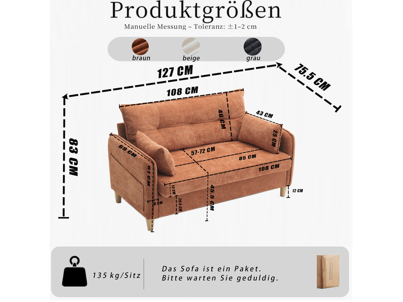  Canapé 2 places 127x75,5 cm – marron – chenille, poches latérales et coussins inclus  - Conforama C