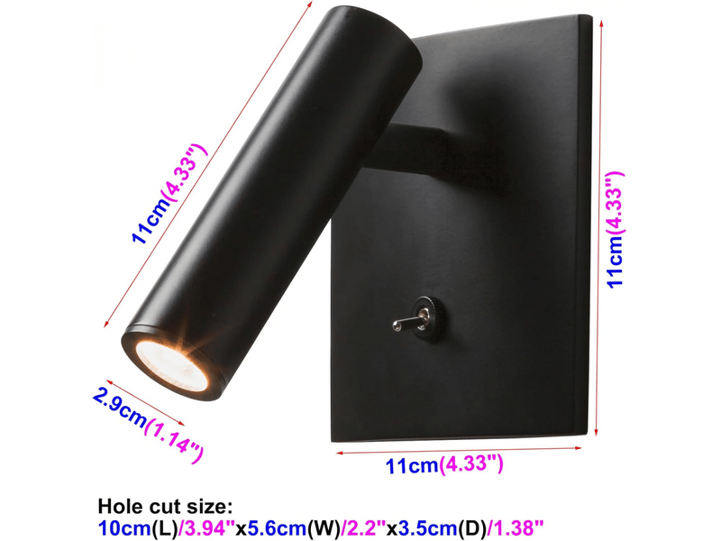  Spot led 3w encastré, directionnel, pour lampe de chevet, avec bouton marche, arrêt et éclairage focalisé réglable, noir  - Conforama B