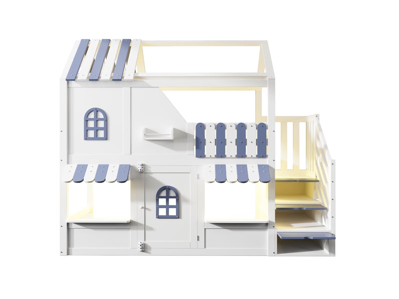  Lit superposé enfant 90x200 cm maison avec led bois blanc et bleu sans matelas  - Conforama D