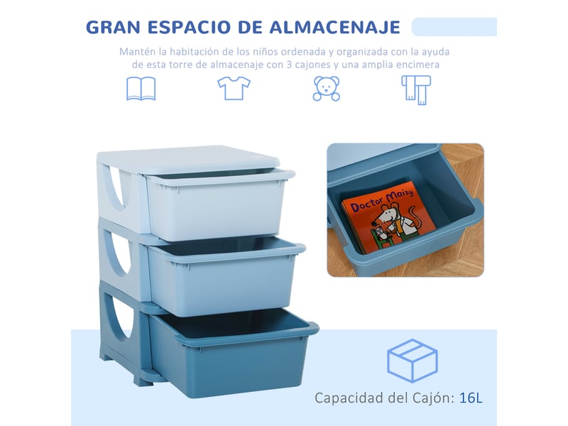  Tour de rangement enfant 3 tiroirs, rangement jouets dès 3 ans, bords arrondis, poignées. Chambre enfant, 37 x 37 x 56,5 cm, bleu.  - Conforama E