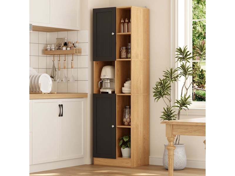  Armoire d'angle cuisine meuble d'angle haut avec 6 étagères ouvertes et 2 portes, anthracite et chêne, 50x35.5x170cm  - Conforama C