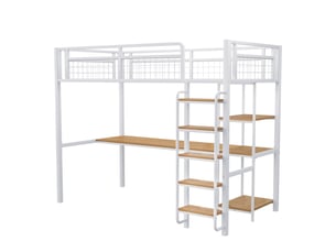 Lit mezzanine 90x200 cm en métal avec bureau, étagères, échelle et barrières de sécurité, blanc