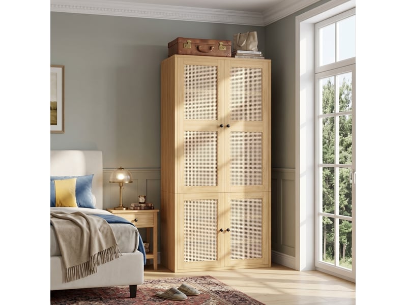 Armoire modenvie en mdf et rotin 90 x 47 x 200 cm, 3 tiroirs, 4 compartiments, tringle, décor chêne - Conforama B