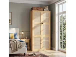 Armoire modenvie en mdf et rotin 90 x 47 x 200 cm, 3 tiroirs, 4 compartiments, tringle, décor chêne