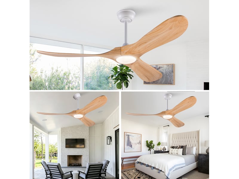  Ventilateur de plafond 52 pouces avec éclairage led dimmable, télécommande, 6 vitesses, bois clair et blanc  - Conforama B