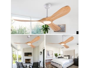 Ventilateur de plafond 52 pouces avec éclairage led dimmable, télécommande, 6 vitesses, bois clair et blanc