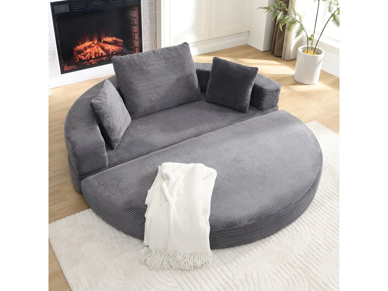  Canapé convertible en lit 2 en 1 gris en velours côtelé, canapé-lit ovale 173 x 176 cm avec coussins, pour salon et chambre  - Conforama B