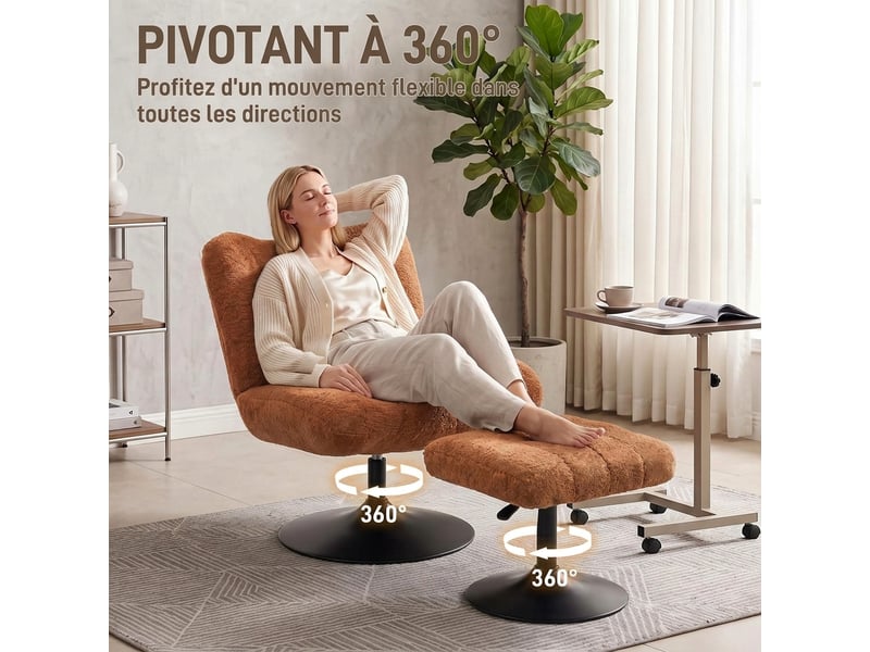  Fauteuil de salon avec repose-pied réglable, marron, fauteuil d'appoint capitonné en velours effet motifs gouttes d'eau  - Conforama E