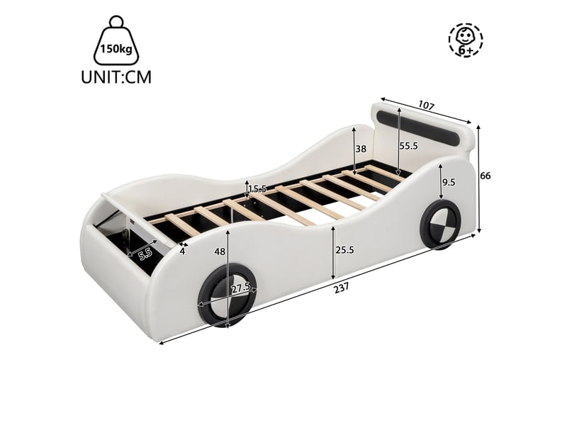  Lit enfant voiture 90x200 cm blanc en cuir régénéré, roues lumineuses réglables et rangement, sans matelas  - Conforama C