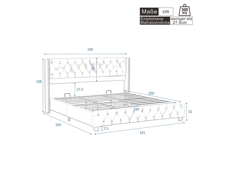  Lit 180x200 cm rembourré avec tête de lit capitonnée, revêtement lin beige, boutons et clous décoratifs, pieds en bois  - Conforama C