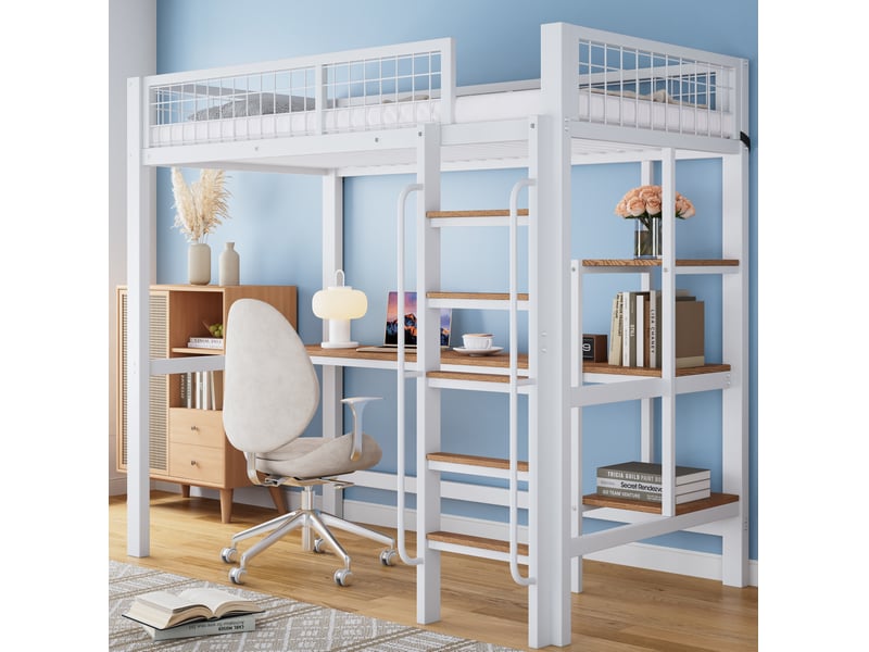 Lit superposé enfant 90x200 cm bureau garde-corps échelle 5 marches, métal et bois blanc naturel sans matelas - Conforama W