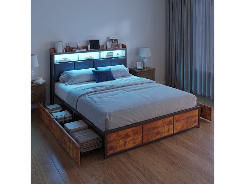  Lit double 160x200 cm avec 4 tiroirs et led, lit adulte avec cadre en métal, style industriel, noir  - Conforama B