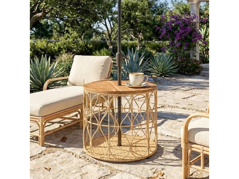 Table d'appoint ø50 cm, table de jardin résistante aux intempéries aspect rotin, plateau en bois d'acacia, pieds réglables, teck - Conforama D
