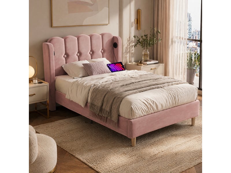Lit simple 90x200 cm en velours rose avec sommier à lattes et ports usbusb-c - Conforama B