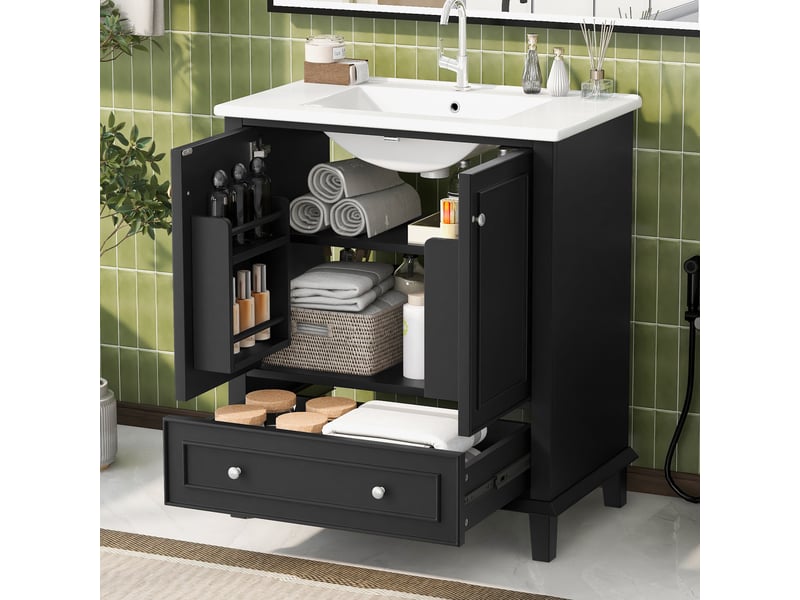  Meuble sous vasque avec 2 portes, 1 tiroir et étagère réglable, vasque en céramique pour salle de bain, 73×45×87 cm  - Conforama B