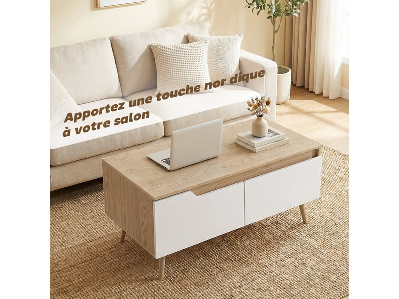  Table basse rectangulaire, table de salon moderne avec 2 tiroirs, 5 pieds en bois de pin, 100x50x46cm, chêne et blanc  - Conforama D