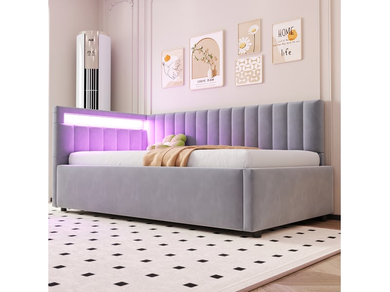  Lit coffre tcqpz 90 x 200 cm led, tête de lit réversible, tissu velours, gris clair, design à rayures verticales  - Conforama D