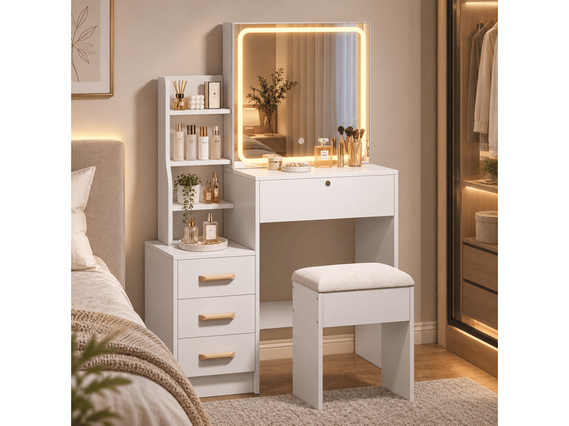  Coiffeuse avec miroir led, avec tabouret et 4 tiroirs, panneaux de particules, meuble coiffeuse chambre moderne l85xh130 cm, blanc  - Conforama B