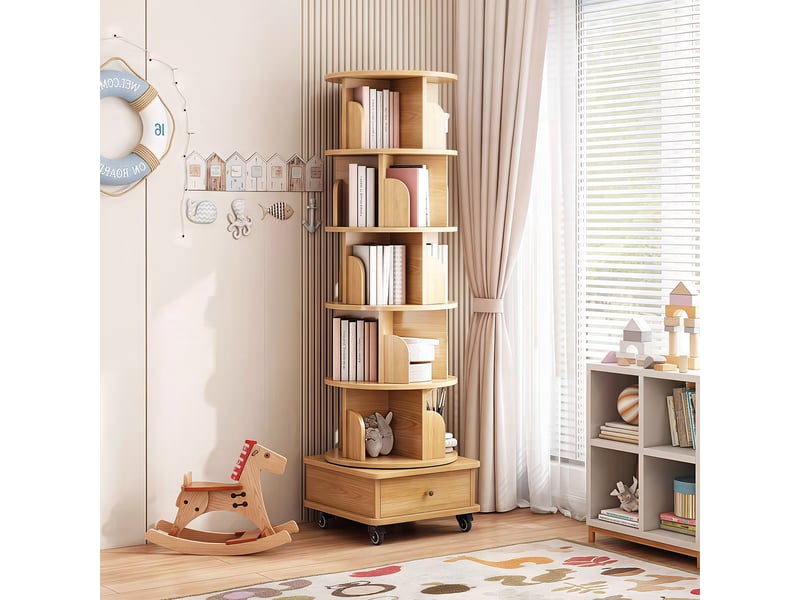  Bibliothèque pivotante 360° bois naturel - meuble de rangement rond avec roulettes et tiroir pour petits espaces  - Conforama E