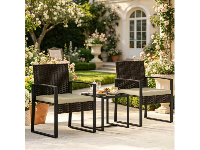  Salon de jardin 2 places avec table et 2 fauteuils, noir marron kaki, rotin pe acier, assises avec coussins  - Conforama D