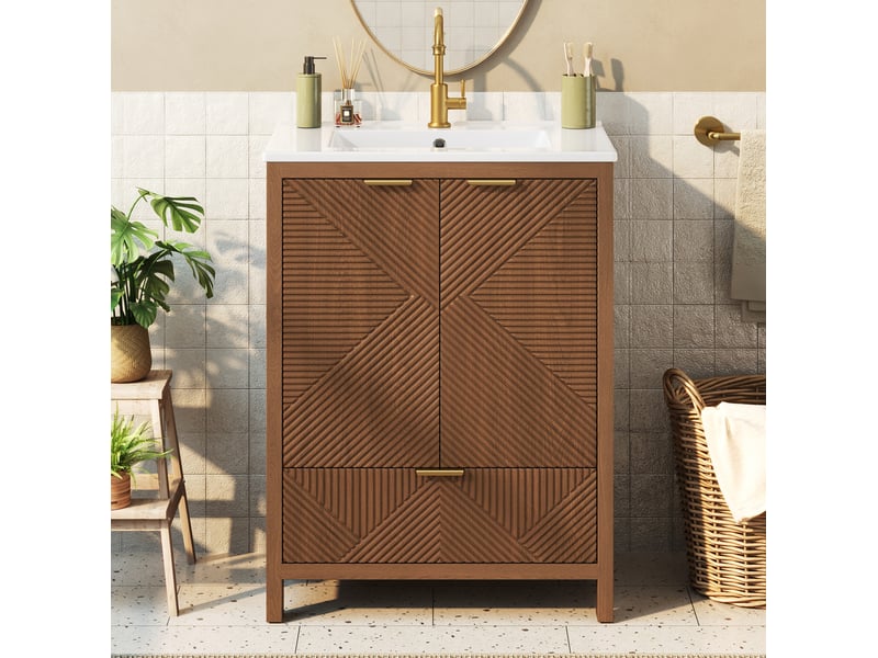 Meuble sous vasque sur pied 61 x 47 cm – noyer – vasque céramique, rangement avec tiroir et portes soft-close - Conforama B