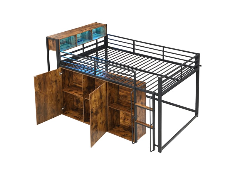  Lit mezzanine 120x200 cm avec rangement, led et prise, métal noir + décor bois, sans matelas  - Conforama D