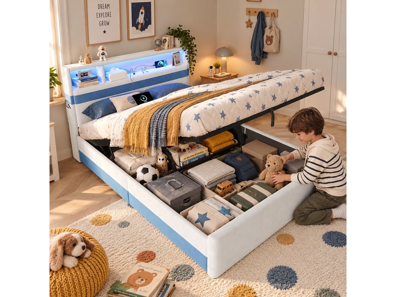  Lit coffre rembourré 140x200 cm avec hydraulique, lit surélevé avec tête de led à rangements, ports usb et poches, lit coffre en velours blanc et bleu Seren Glow - Conforama D