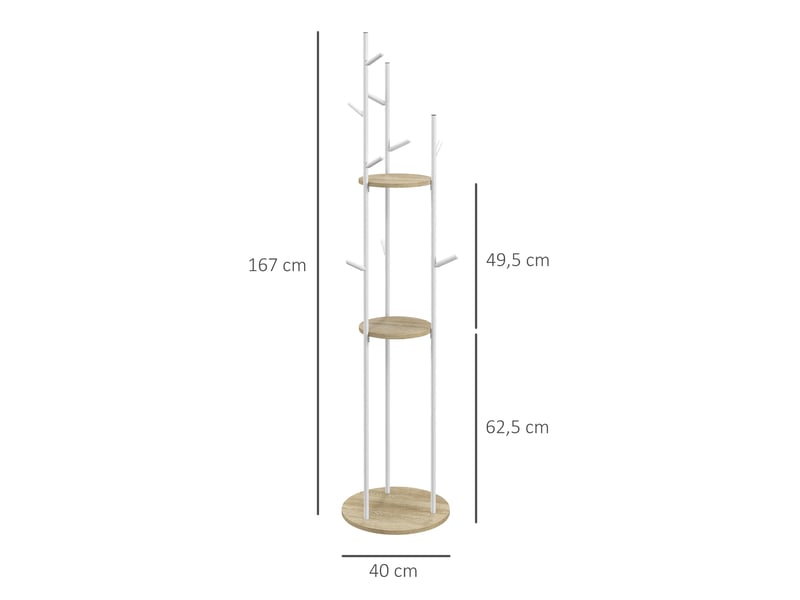 Porte-manteaux sur pied meuble d'entrée en acier avec 9 crochets et 2 rondes étagères 40 x 167 cm naturel et blanc - Conforama C