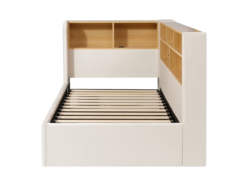 Lit banquette coffre 90 × 200 cm avec led, usb-ausb-c et rangement, velours beige IKSETERA TRADING LTD - Conforama W