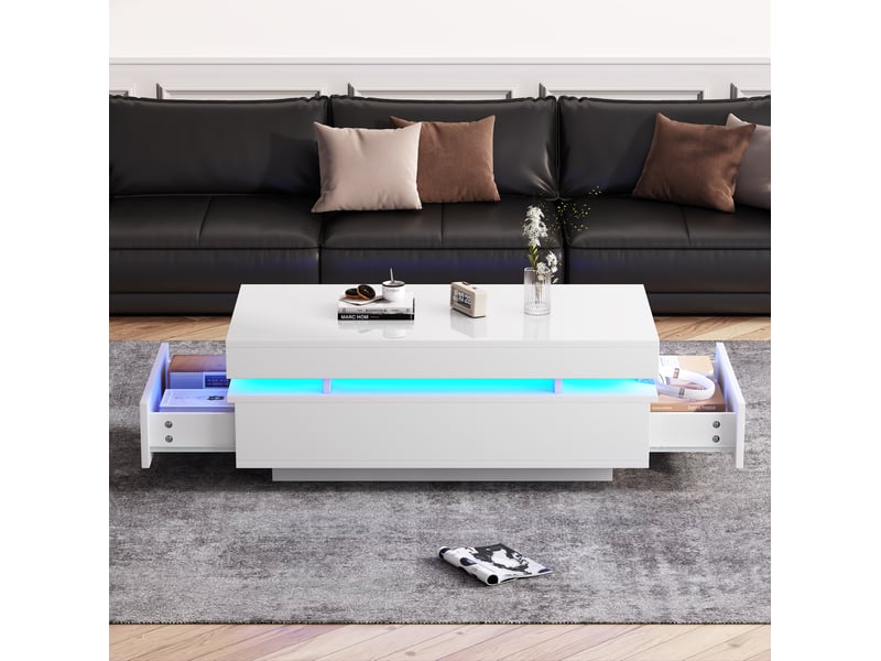  Table basse avec 2 tiroirs et led pour salon en bois d'ingénierie blanc laqué brillant moderne 100 × 50 × 35 cm  - Conforama E