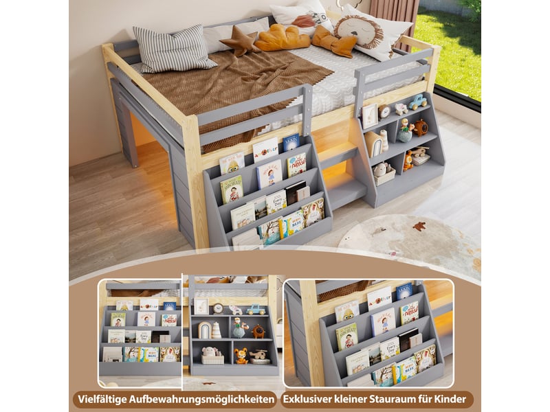  Lit mezzanine enfant 140x200cm en pin avec compartiments ouverts et led,lit superposé double avec échelle et barrières de sécurité,sans matelas-gris et naturel  - Conforama E