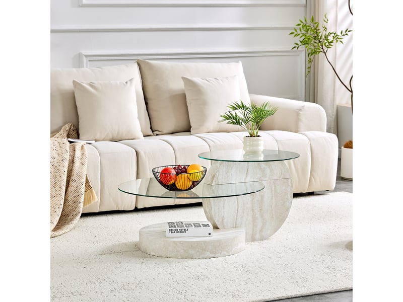  Table basse à deux niveaux avec rangement pour salon en mdf et verre de sécurité ø 50 et 70 cm gris clair  - Conforama B