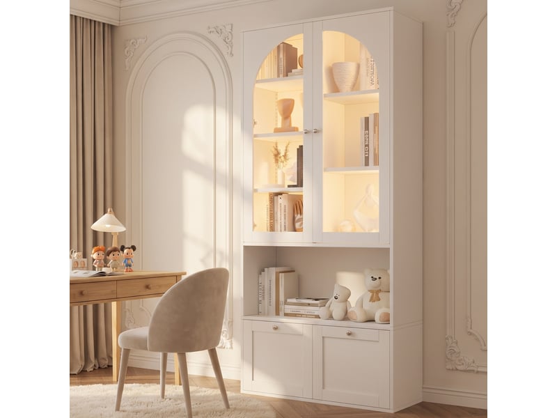  Vitrine led blanche avec portes vitrées cintrées et tiroirs, 80 x 35 x 180 cm, mdf et verre  - Conforama E
