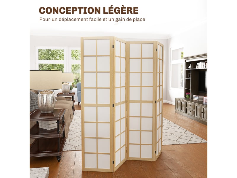  Paravent interieur pliable 4 panneaux 160 x 170 cm séparateur de pièce pour salon chambre à maison coucher, naturel  - Conforama R