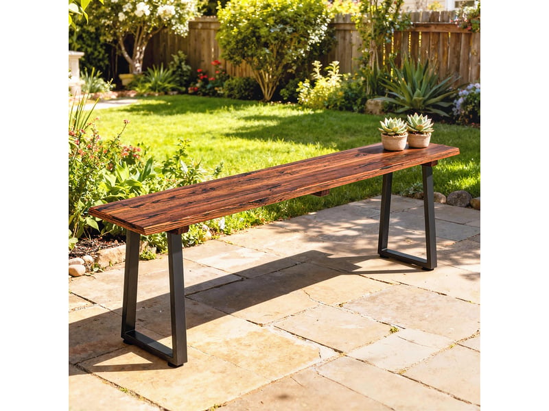 Banc de jardin en bois sans dossier en bois, pieds trapézoïdaux en acier, 2 places à effet bois, 150x28x48cm, carbonisé - Conforama C