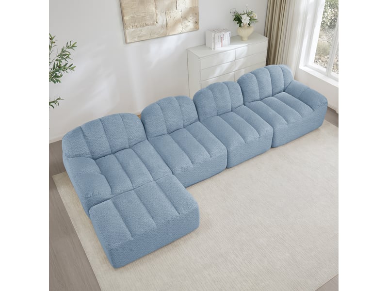  Canapé modulaire 4 places avec ottoman, forme coquillage, tissu bouclette bleu  - Conforama D