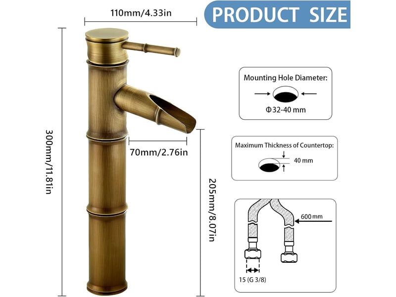  Robinet salle bain bambou haut, mitigeur cascade lavabo robinet de lavabo mitigeur, robinetterie monotrou eau chaude et froide disponible  - Conforama E