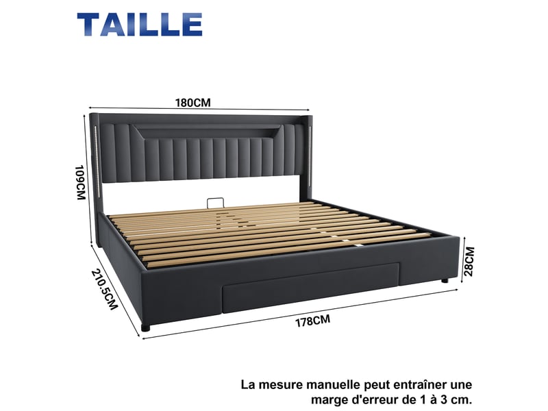  Lit coffre 180x200 cm - lit double - avec tête de lit réglable avec led - en velours - gris foncé - sans matelas  - Conforama C