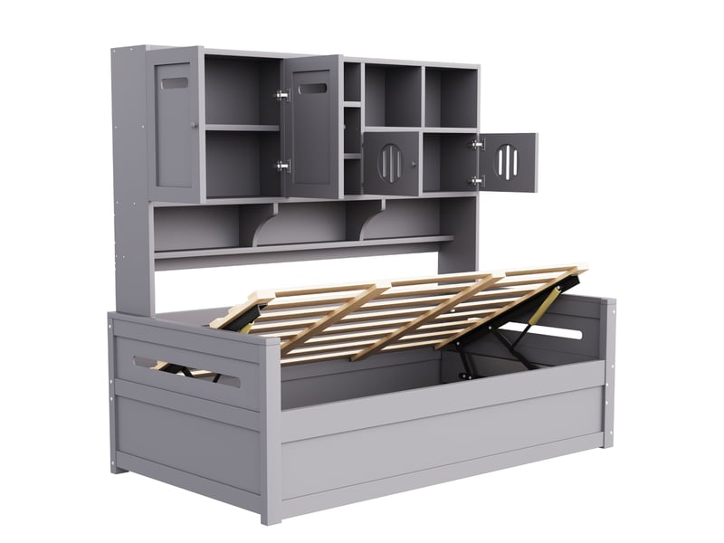 Lit coffre hydraulique 90x200 cm avec rangements, pin gris, sans matelas - Conforama E