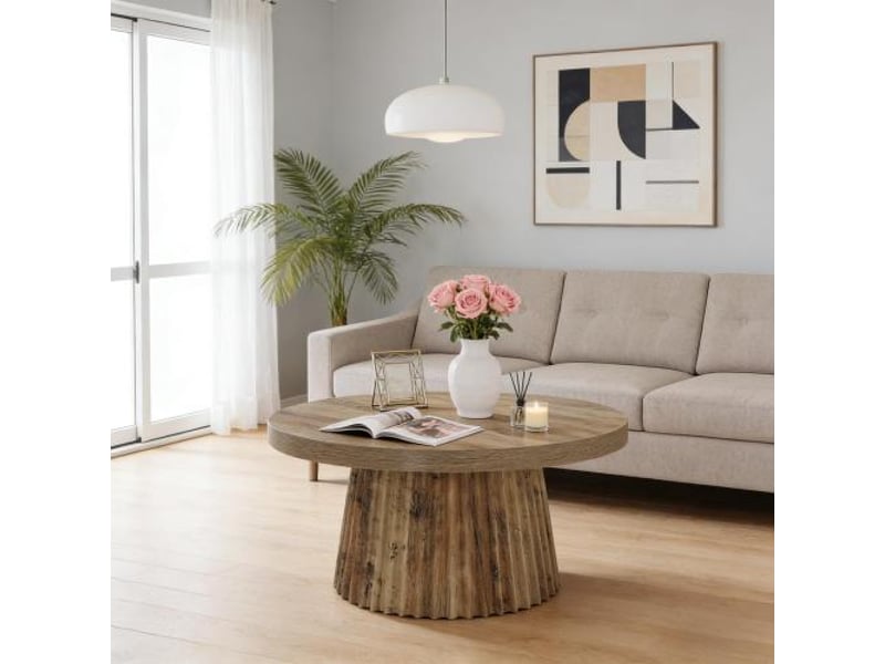 Table basse ronde 80 cm en mdf avec base striée pour salon, finition marron - Conforama E