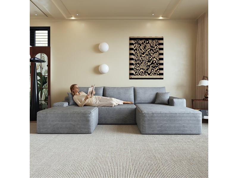 Canapé d’angle modulable 270 x 175 x 83 cm 3 places avec pouf, méridienne en l, assise profonde, sans montage, gris Bliss Lite - Conforama D