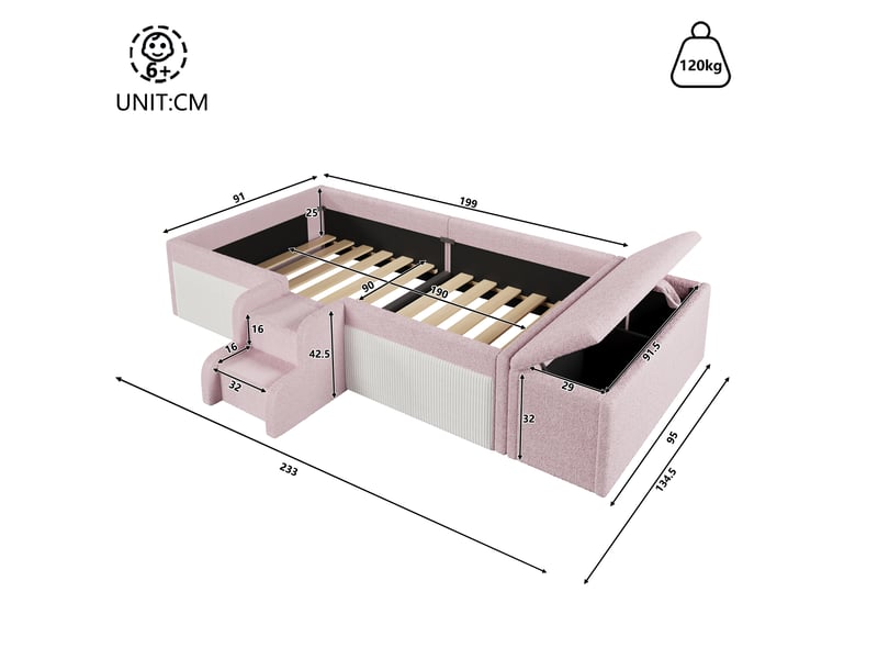  Lit rembourré enfants 90 x 190 cm, petit escalier, banc de lit avec rangement, velours, rose Bliss Lite - Conforama C