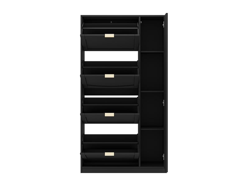 Meuble à chaussures moderne couloir noir avec miroir 4 compartiments rabattables étagère réglable derrière miroir droit  - Conforama D