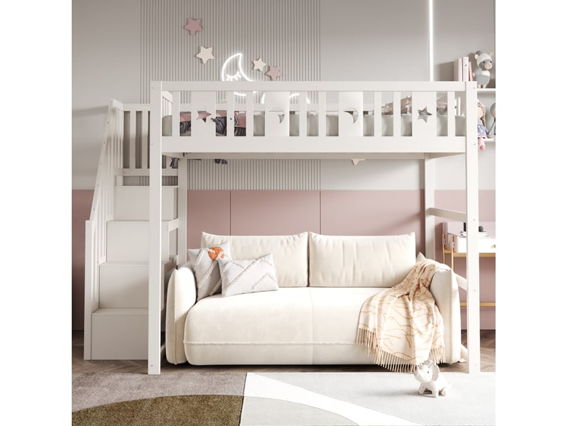  Lit mezzanine enfant 140 x 200 cm avec escalier, étagères, étoiles et lune, blanc  - Conforama E