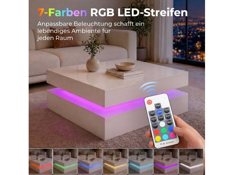  Table basse avec 2 niveaux et rangement ouvert, led avec télécommande, finition brillante, en panneau de fibres, blanc  - Conforama E