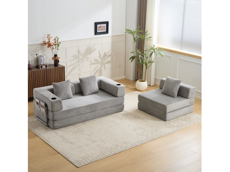  Canapé de sol convertible 277,5x92,5x60 cm 3 places velours côtelé gris clair sans matelas  - Conforama C