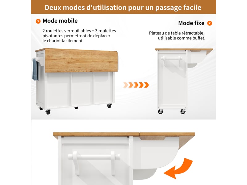  Îlot de cuisine 137,9x73x92,2 cm avec rangement, plan rabattable et roulettes, mdf et métal, blanc, poignées chromées  - Conforama D